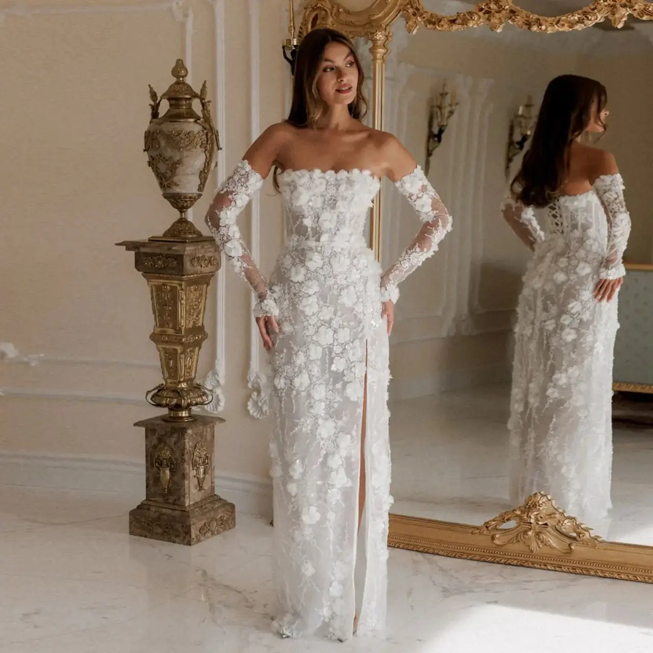 3D Floral Sequin Strapless with Detachable Sleeves — SW085 Ivory wedding dress, full-length front view