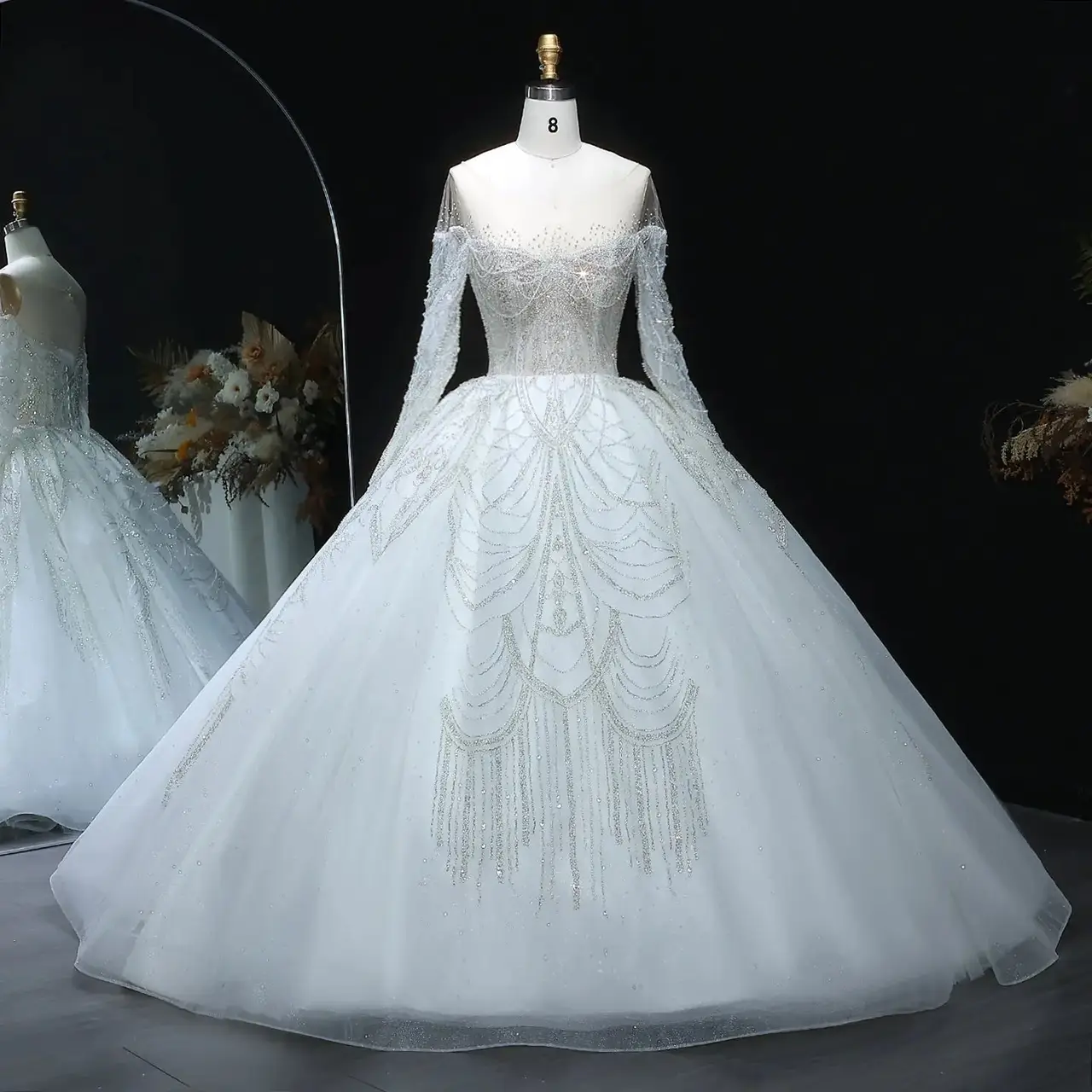 Beaded Long Sleeve Ball Gown — SW515 Ivory wedding dress, full-length front view