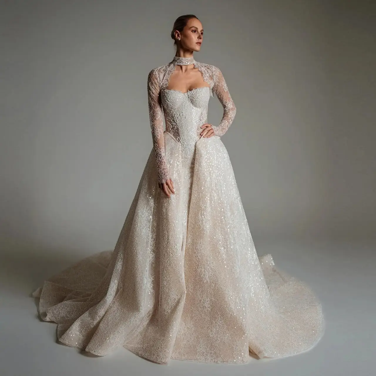 Beaded Long Sleeve Train with Overskirt — SW168 Ivory wedding dress, full-length front view
