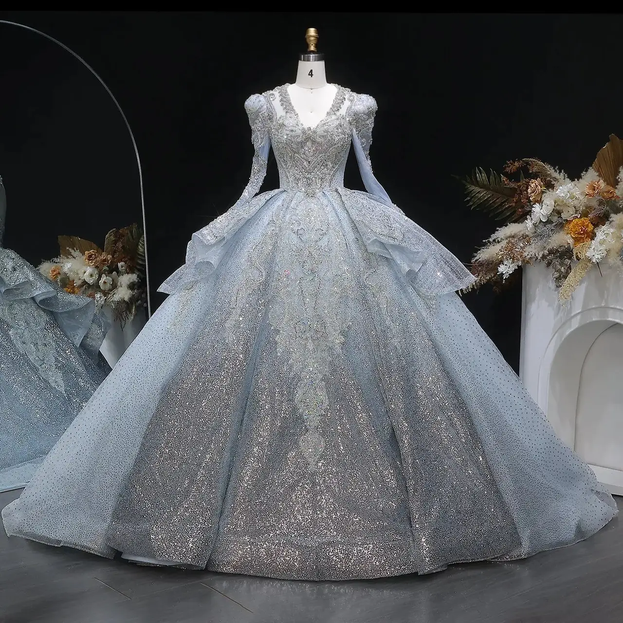 Sequin Embroidery Ball Gown — SW607 Dusty Blue wedding dress, full-length front view