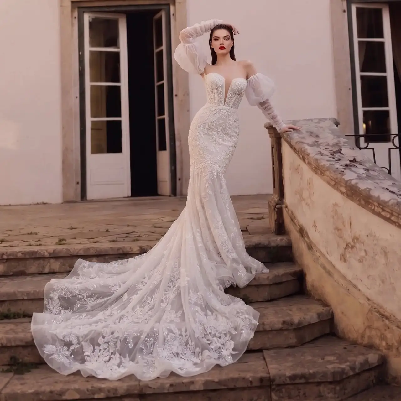 Sweetheart Neckline Mermaid with Detachable Tulle Sleeves — SW712 Ivory wedding dress, full-length front view