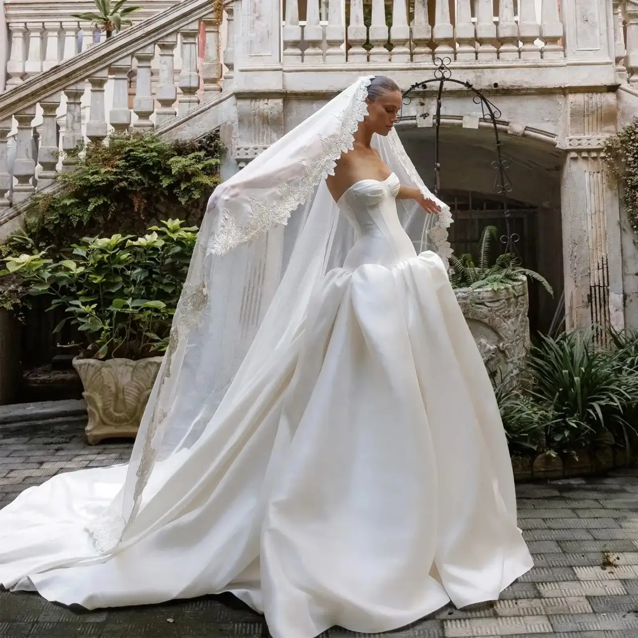 Classic Satin Strapless Ball Gown with Veil — SW191 Ivory wedding dress, full-length front view