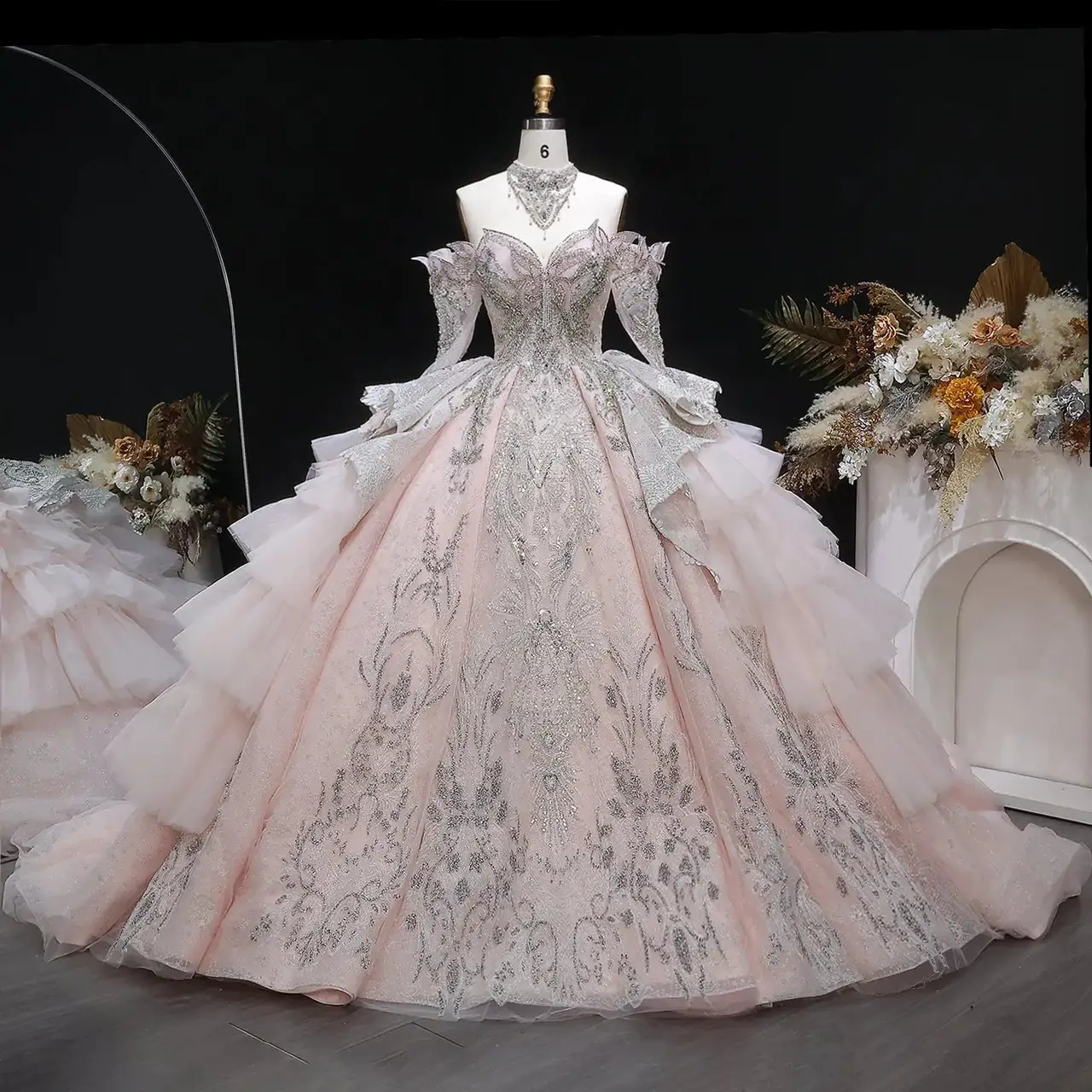 Embroidery Puff Sleeve Ball Gown — SW608 Blush Pink wedding dress, full-length front view