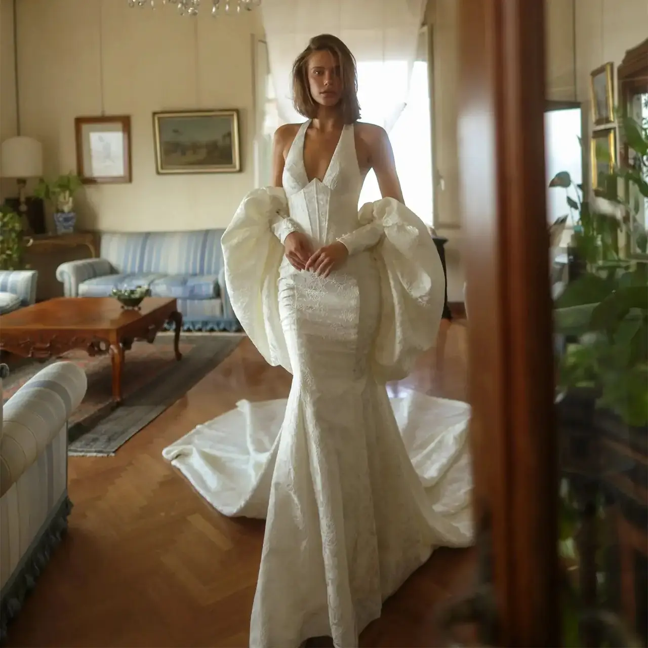 Halter Neck Puff Sleeve Mermaid with Train — SW188 Ivory wedding dress, full-length front view