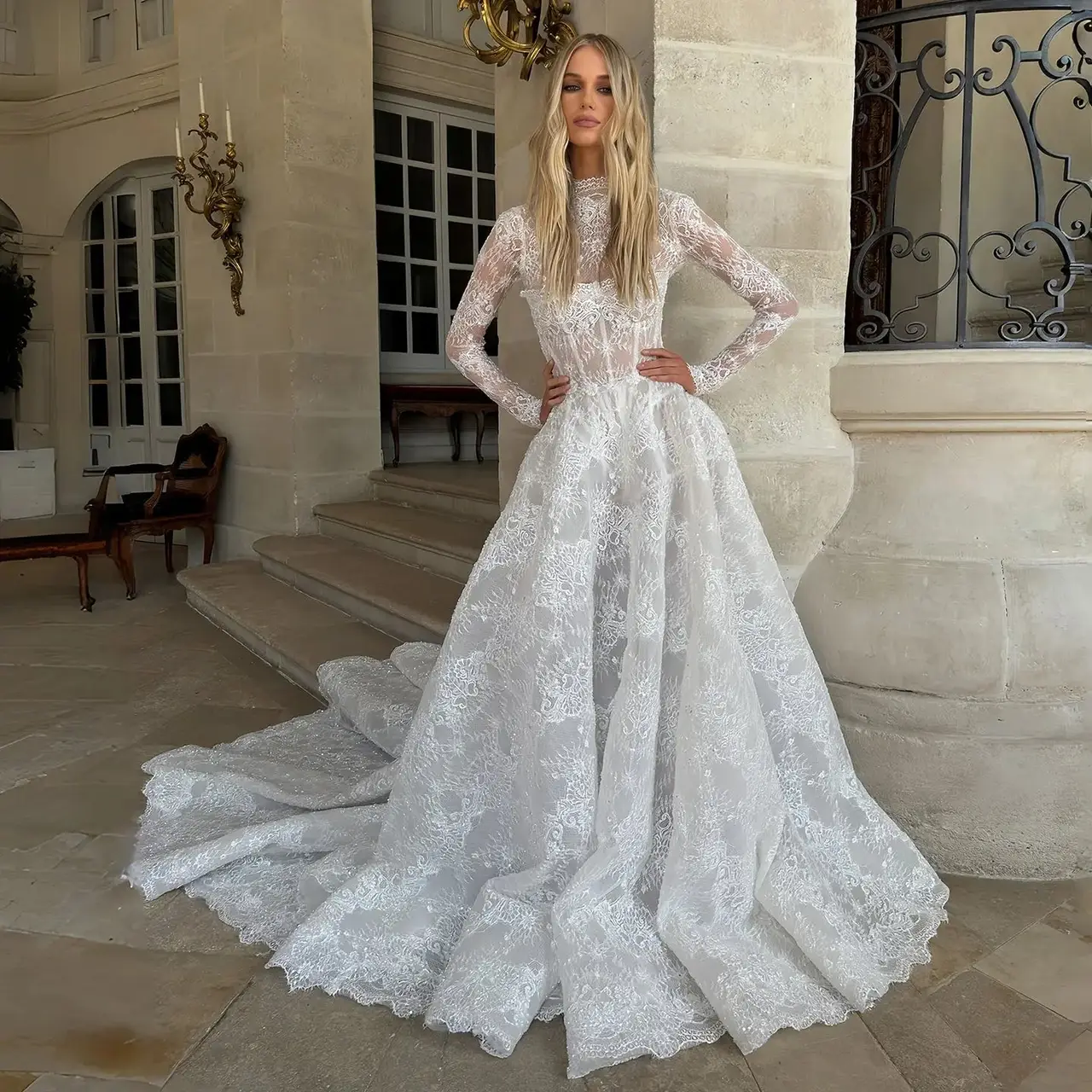 High Neck Long Sleeve Lace A-Line — SW227 Ivory wedding dress, full-length front view