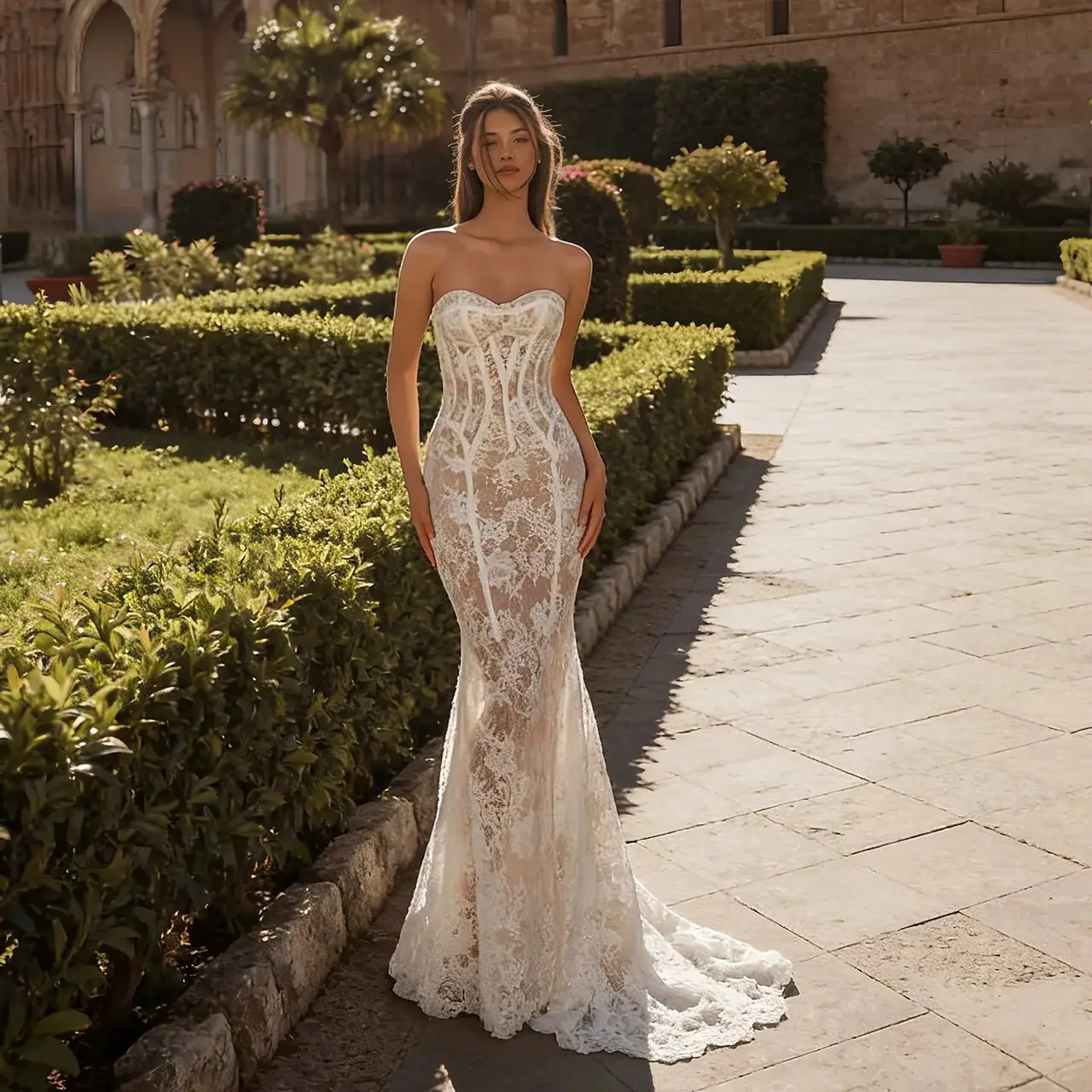 High Neck Long Sleeve Lace Backless Ball Gown — SW173 Ivory wedding dress, full-length front view