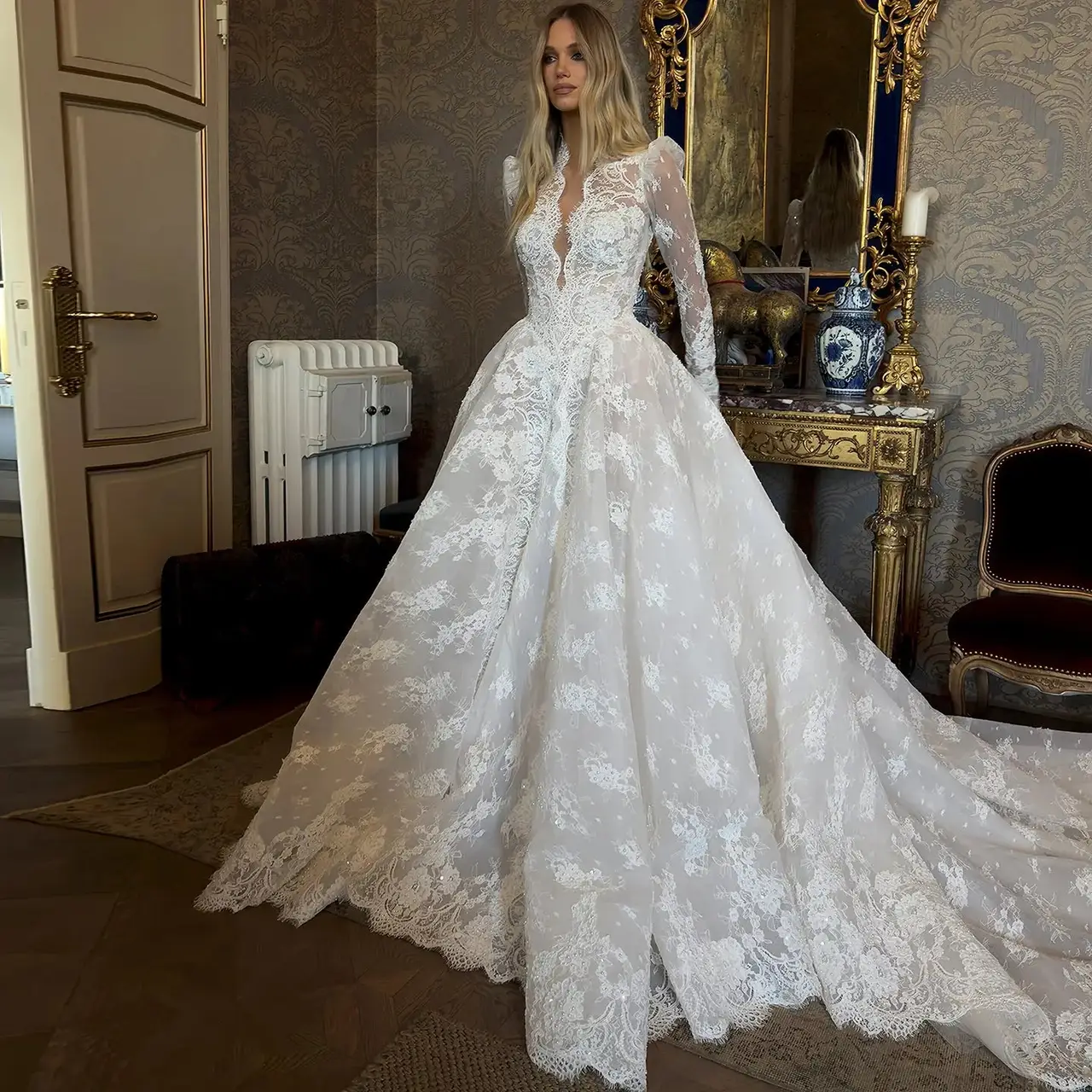 High Neck Sequin Long Sleeve Lace A-Line — SW211 Ivory wedding dress, full-length front view