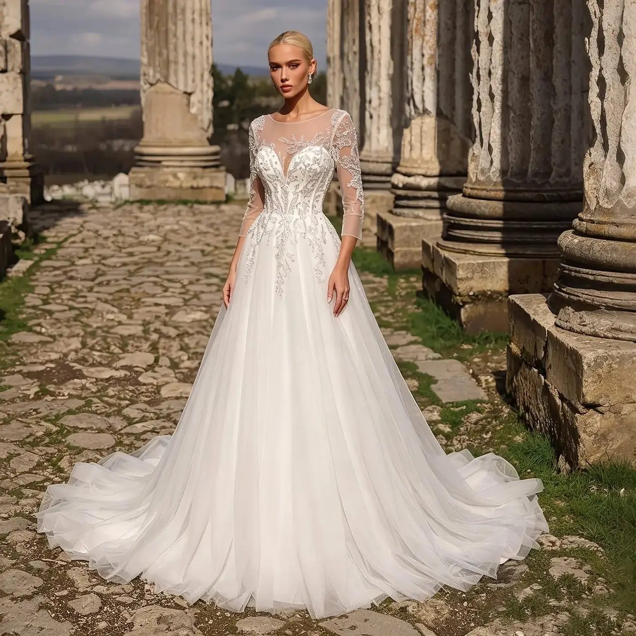 Illusion Neck Lace & Tulle with Cathedral Train — SW709 Ivory wedding dress, full-length front view