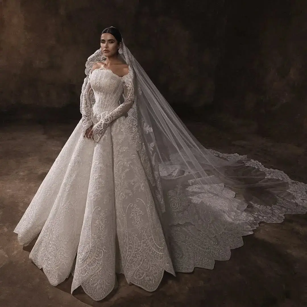 Lace Long Sleeve Fitted Train with Veil — SW524 Ivory wedding dress, full-length front view