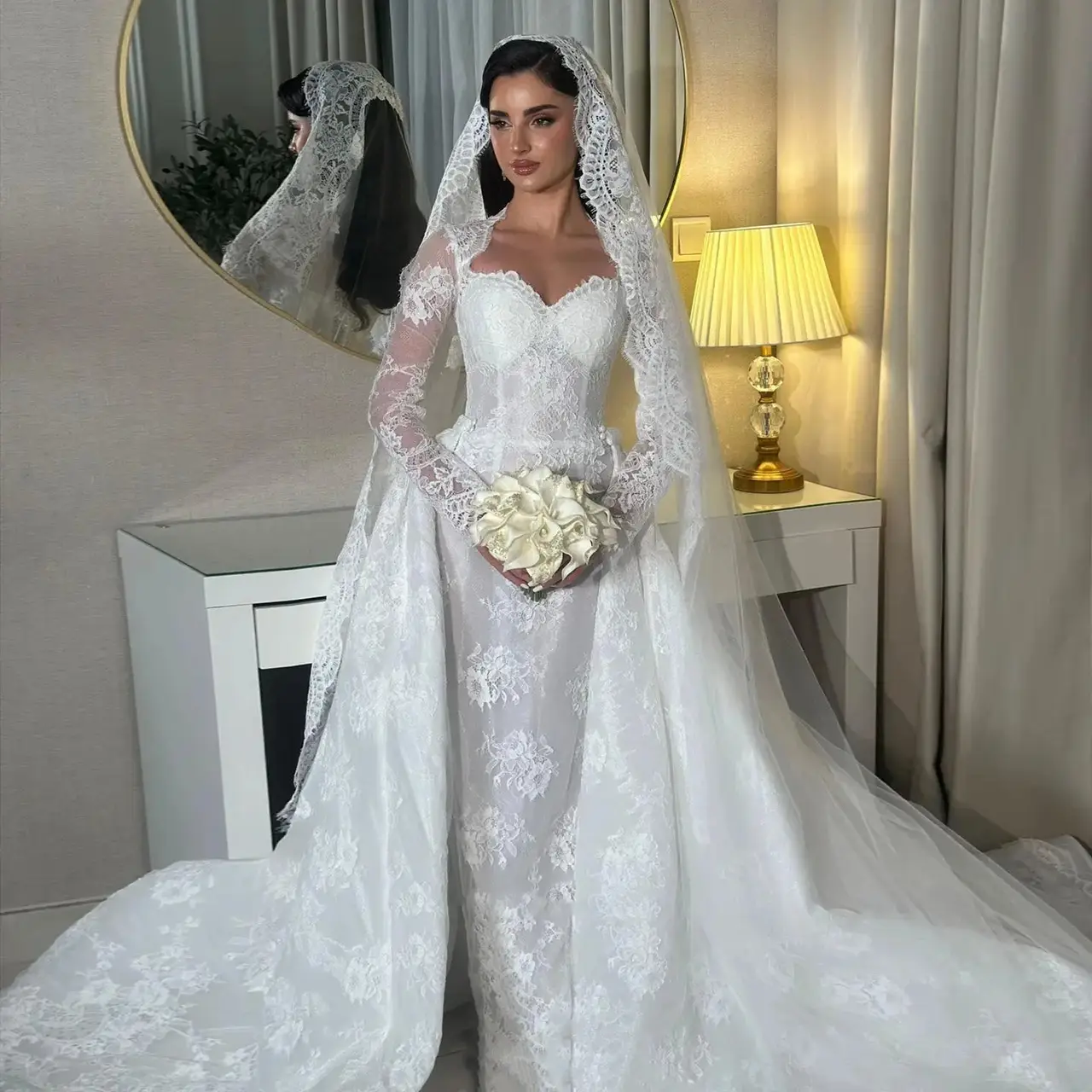 Lace Sweetheart Long Sleeve — SW523 Ivory wedding dress, full-length front view