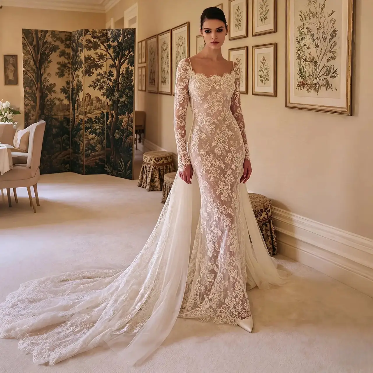 Long Sleeve Lace Mermaid with Overskirt — SW228 Ivory wedding dress, full-length front view