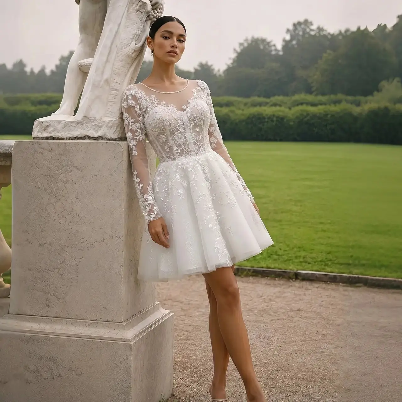 Long Sleeve Lace Short — SW721 Ivory wedding dress, full-length front view
