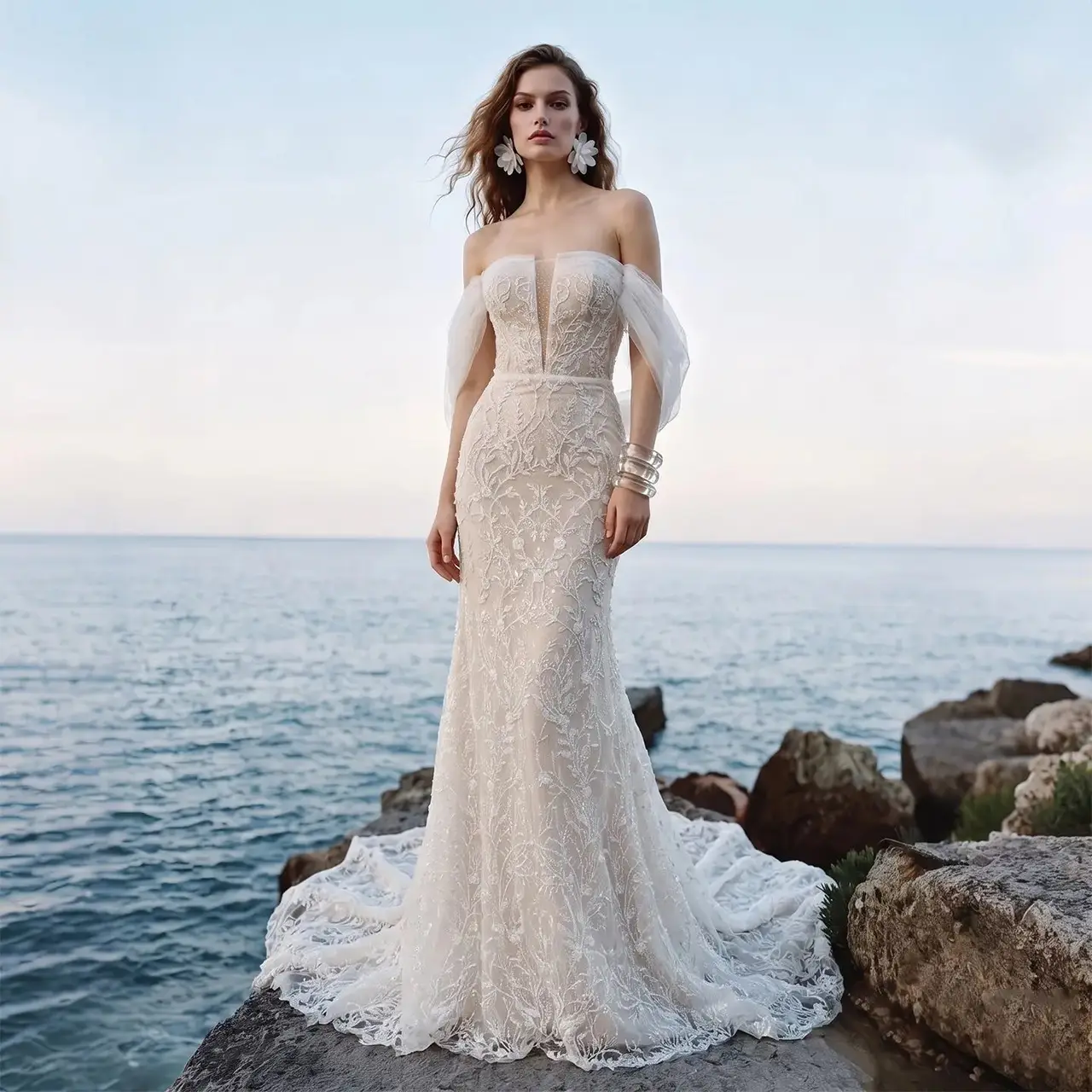 Nude Lace Mermaid Beaded Sequins Tulle Gloves — SW161 Ivory Blush wedding dress, full-length front view