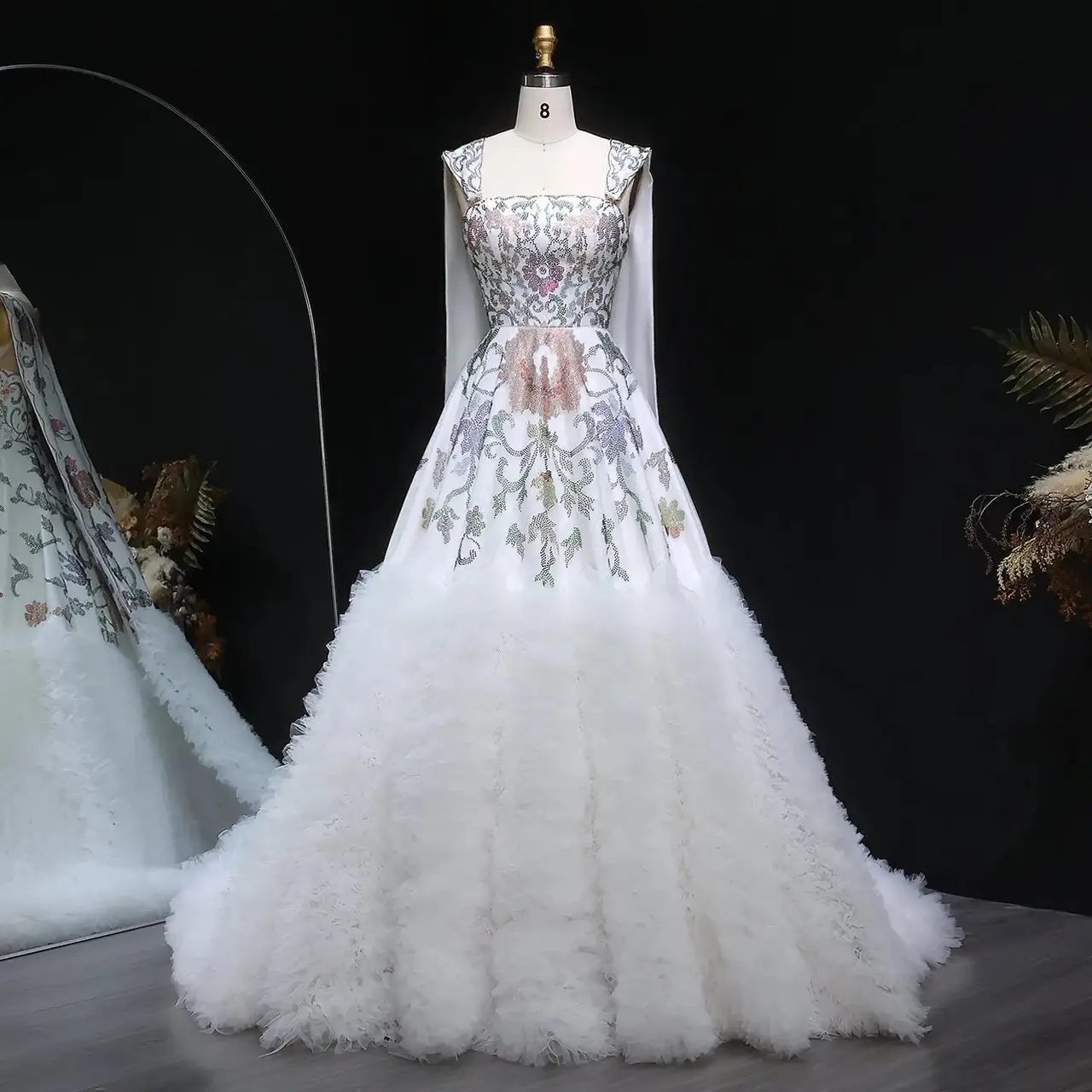 Off-Shoulder Diamond Ball Gown with Cape — SW522 Ivory wedding dress, full-length front view