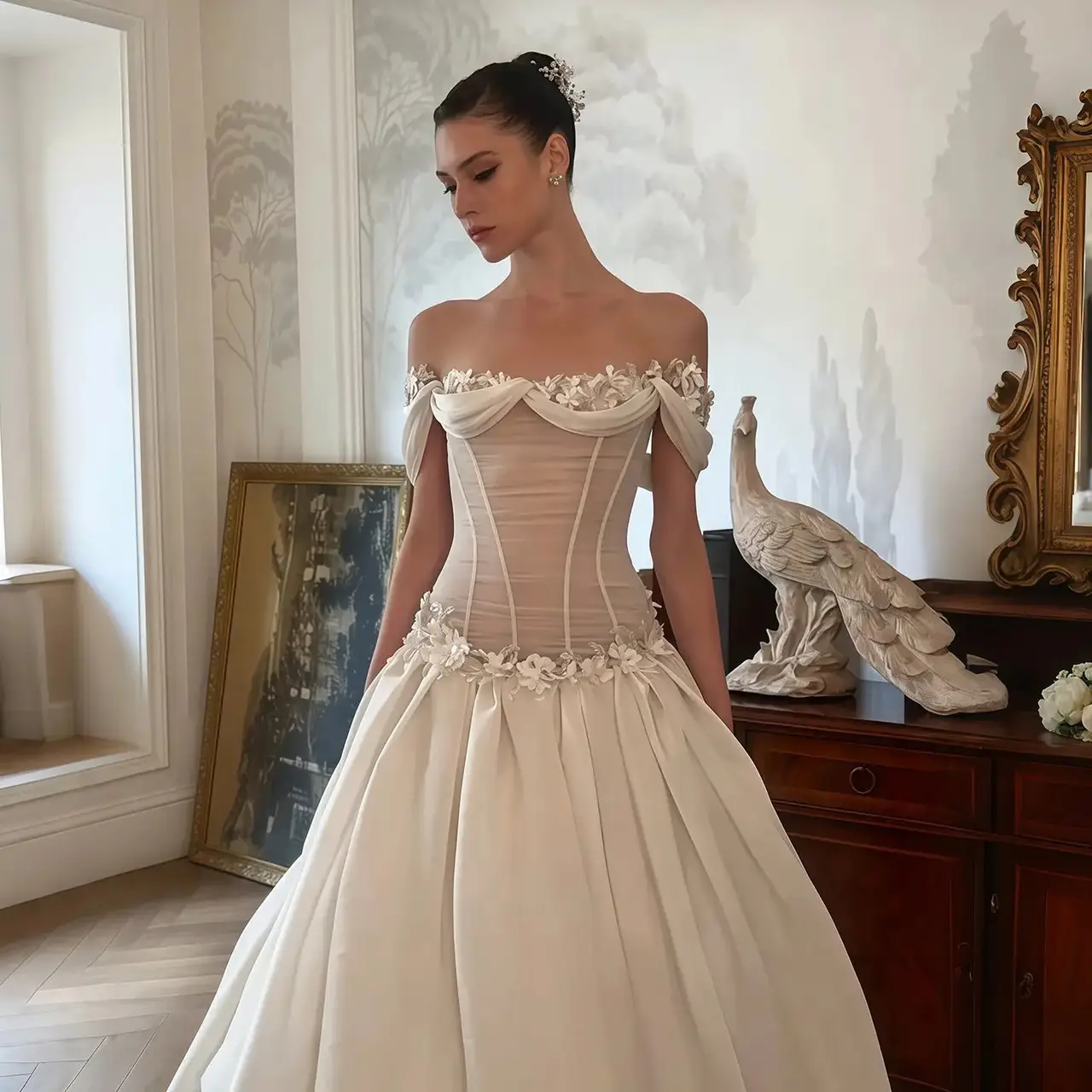 Off-the-Shoulder Floral Lace Ball Gown — SW229 Ivory wedding dress, full-length front view