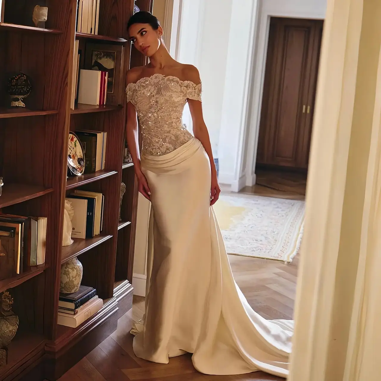 Off-the-Shoulder Lace and Satin Mermaid with Veil — SW231 Ivory wedding dress, full-length front view