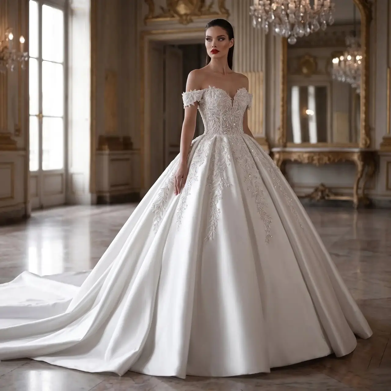 Off-the-Shoulder Lace Satin Ball Gown — SW701 Ivory wedding dress, full-length front view