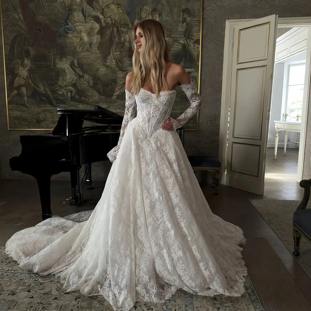 Off-the-Shoulder Long Sleeve Lace Corset — SW213 Ivory wedding dress, full-length front view