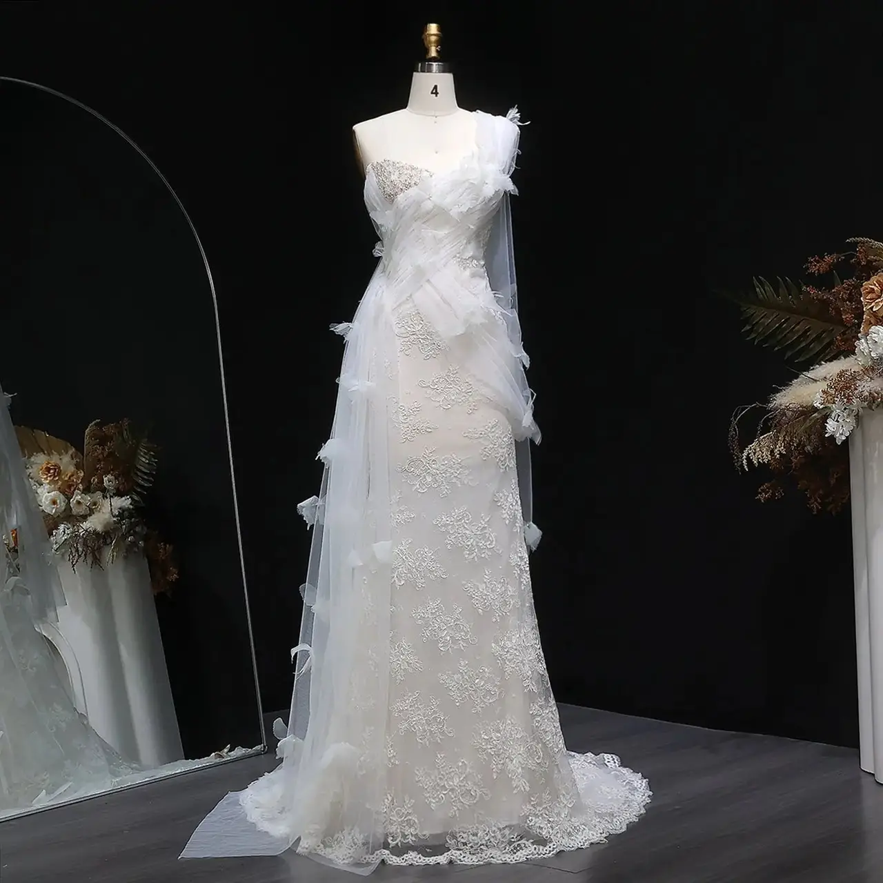One-Shoulder Lace Ruched Bow Mermaid — SW638 Ivory wedding dress, full-length front view