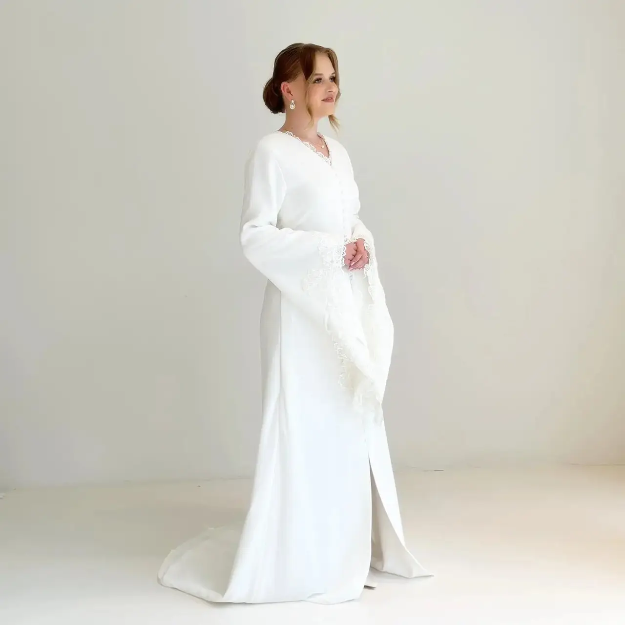 Pearl High Neck Long Sleeve with Veil — SW584 Ivory wedding dress, full-length front view
