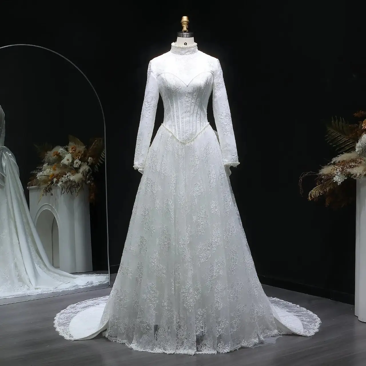Pearl Long Sleeve Lace — SW514 Ivory wedding dress, full-length front view