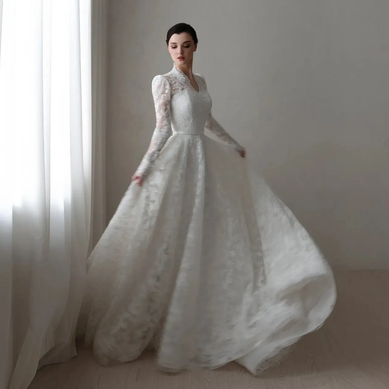 Printed Lace High Neck with Train — SW537 Ivory wedding dress, full-length front view
