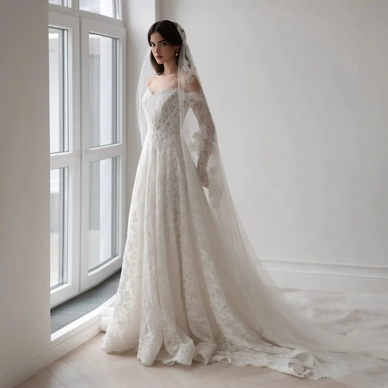 Printed Off Shoulder — SW538 Ivory wedding dress, full-length front view