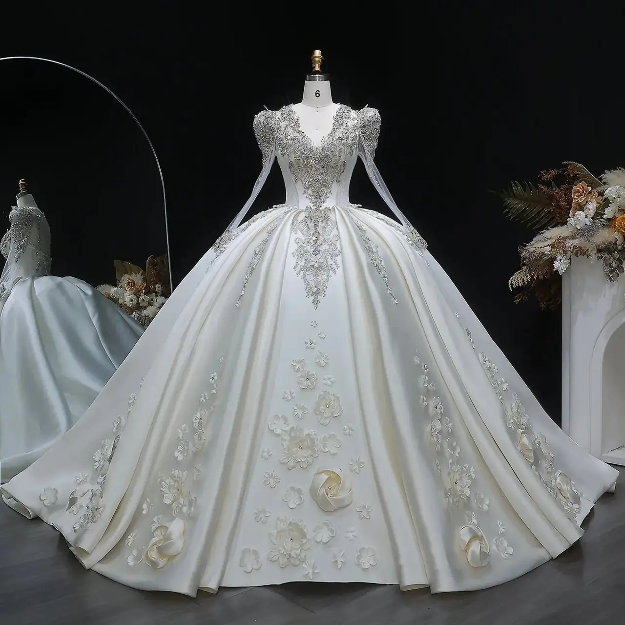 Satin 3D Floral Long Sleeve Embroidered — SW601 Ivory wedding dress, full-length front view