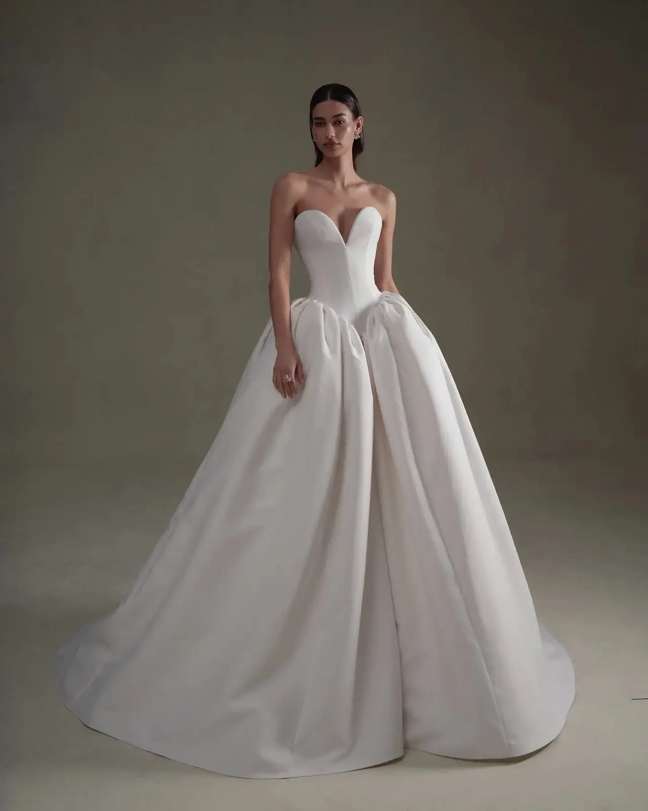 Satin Deep V Strapless Ball Gown — SW595 Ivory wedding dress, full-length front view