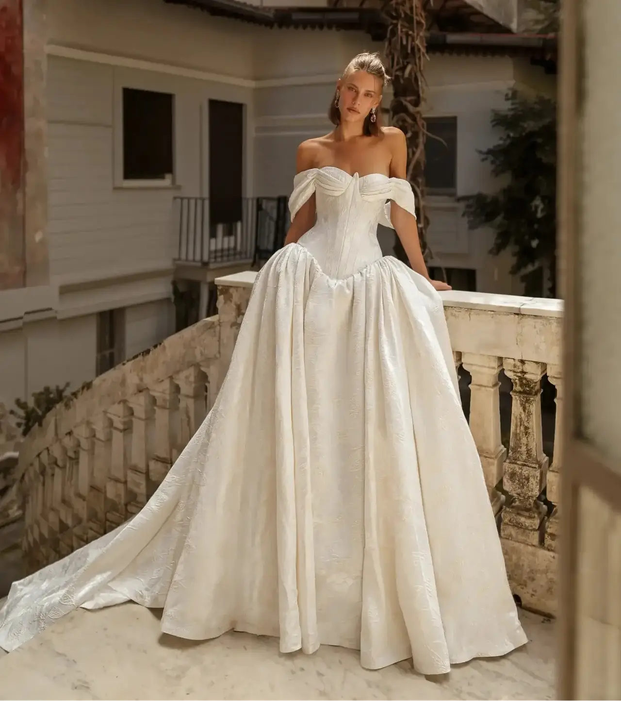 Satin Off-the-Shoulder Ball Gown with Train — SW181 Ivory wedding dress, full-length front view
