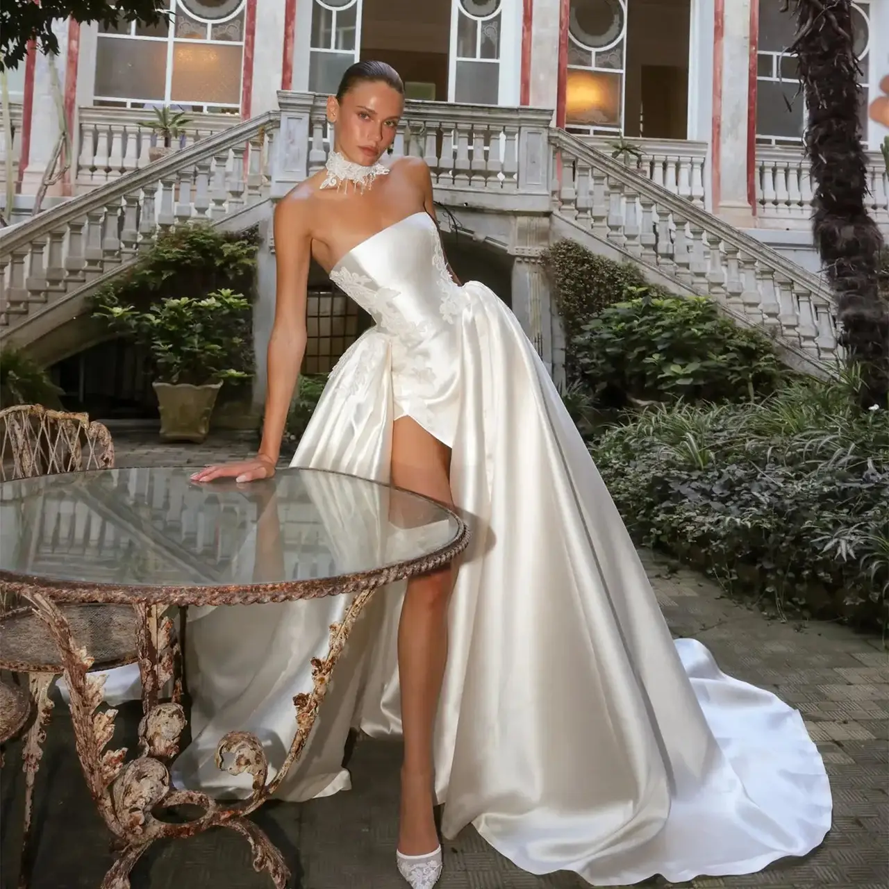 Satin Strapless High Slit Ball Gown with Choker — SW186 Ivory wedding dress, full-length front view