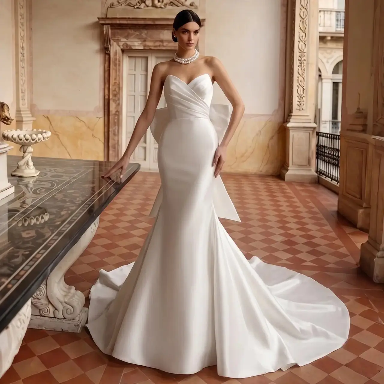 Satin with Buttons & Train — SW718 Ivory wedding dress, full-length front view
