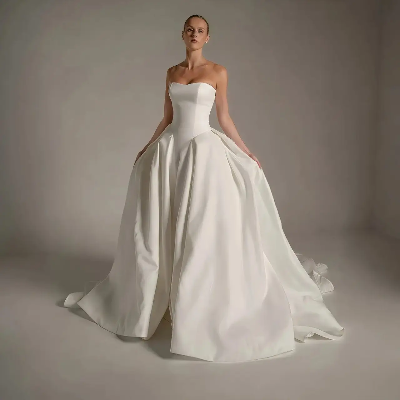 Spaghetti Strap Beaded Satin Ball Gown — SW167 Ivory wedding dress, full-length front view