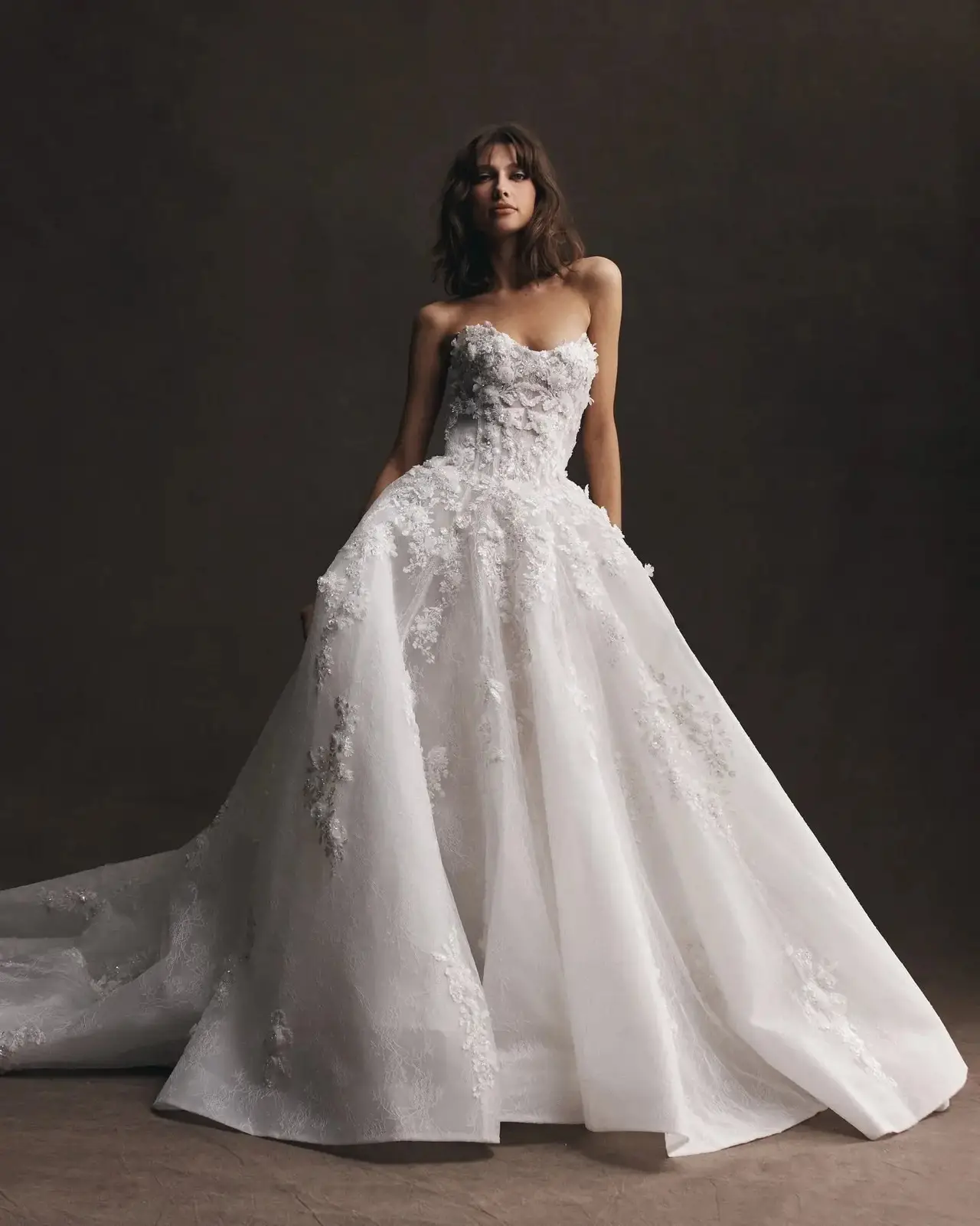 Strapless 3D Floral Embroidery Train — SW574 Ivory wedding dress, full-length front view