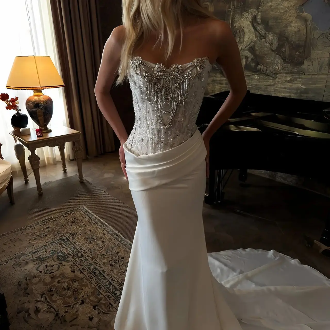 Strapless Beaded Fringe Bodice Satin Mermaid — SW221 Ivory wedding dress, full-length front view