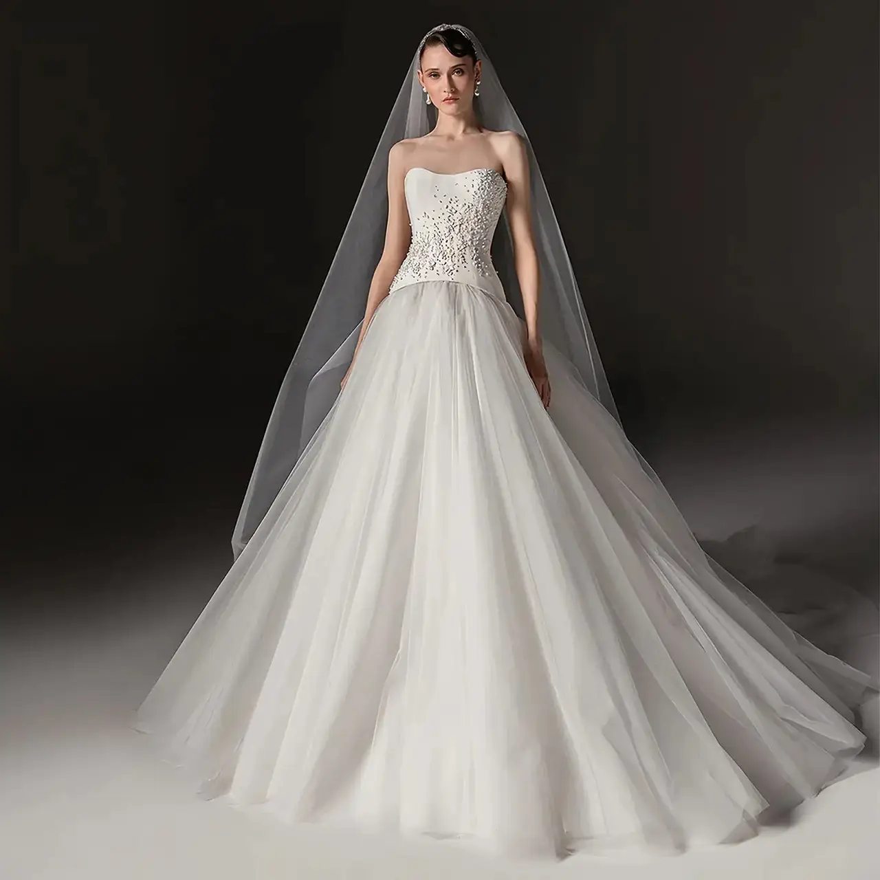 Strapless Bodice Crystal Ball Gown with Veil — SW668 Ivory wedding dress, full-length front view