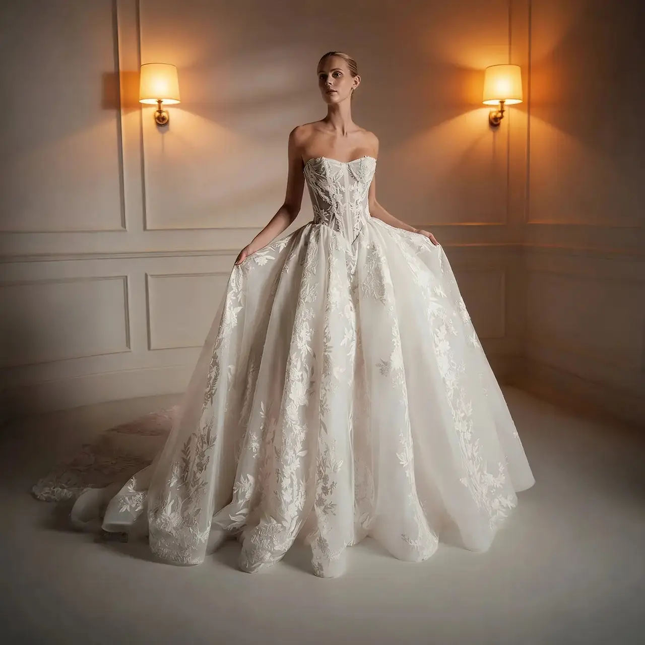 Strapless Floral Embroidery Ball Gown with Veil — SW169 Ivory wedding dress, full-length front view