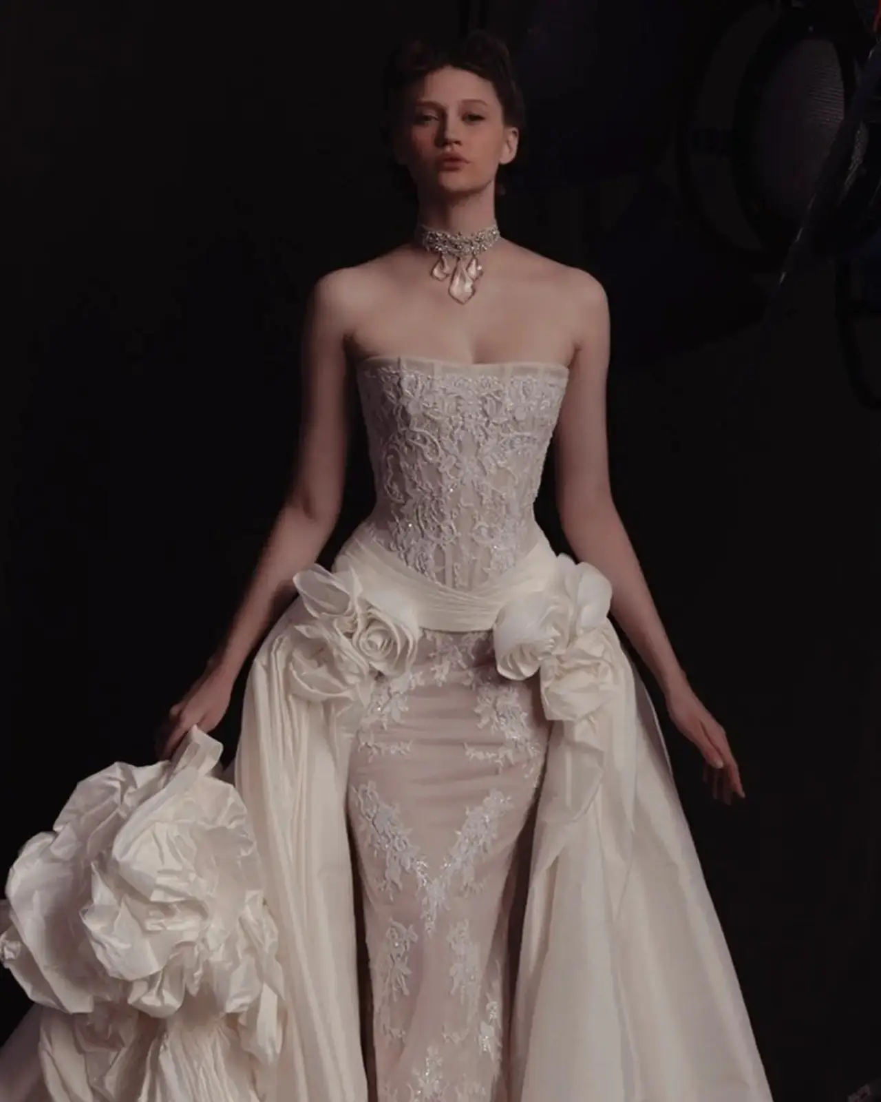 Strapless Lace 3D Floral with Overskirt — SW598 Ivory wedding dress, full-length front view