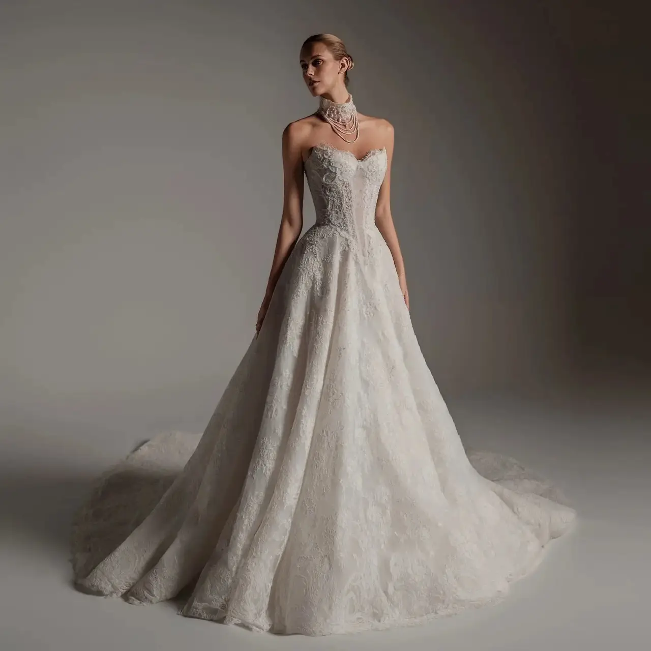 Strapless Lace Train with Scarf — SW166 Ivory wedding dress, full-length front view