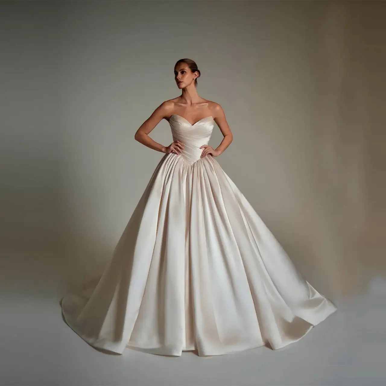 Strapless Satin Ball Gown Trailed — SW162 Champagne wedding dress, full-length front view
