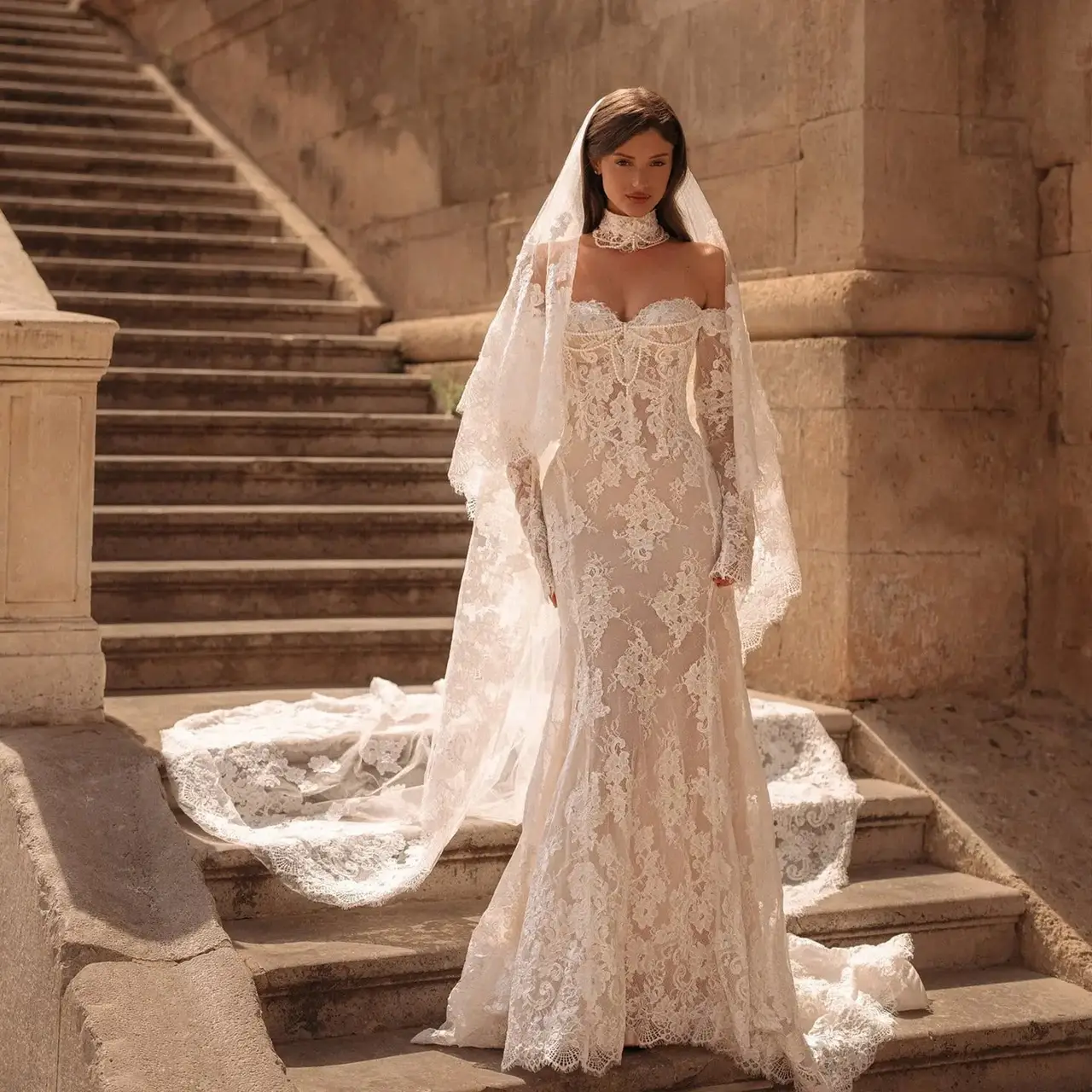 Sweetheart Neckline Sheer Lace Mermaid with Veil — SW171 Ivory wedding dress, full-length front view