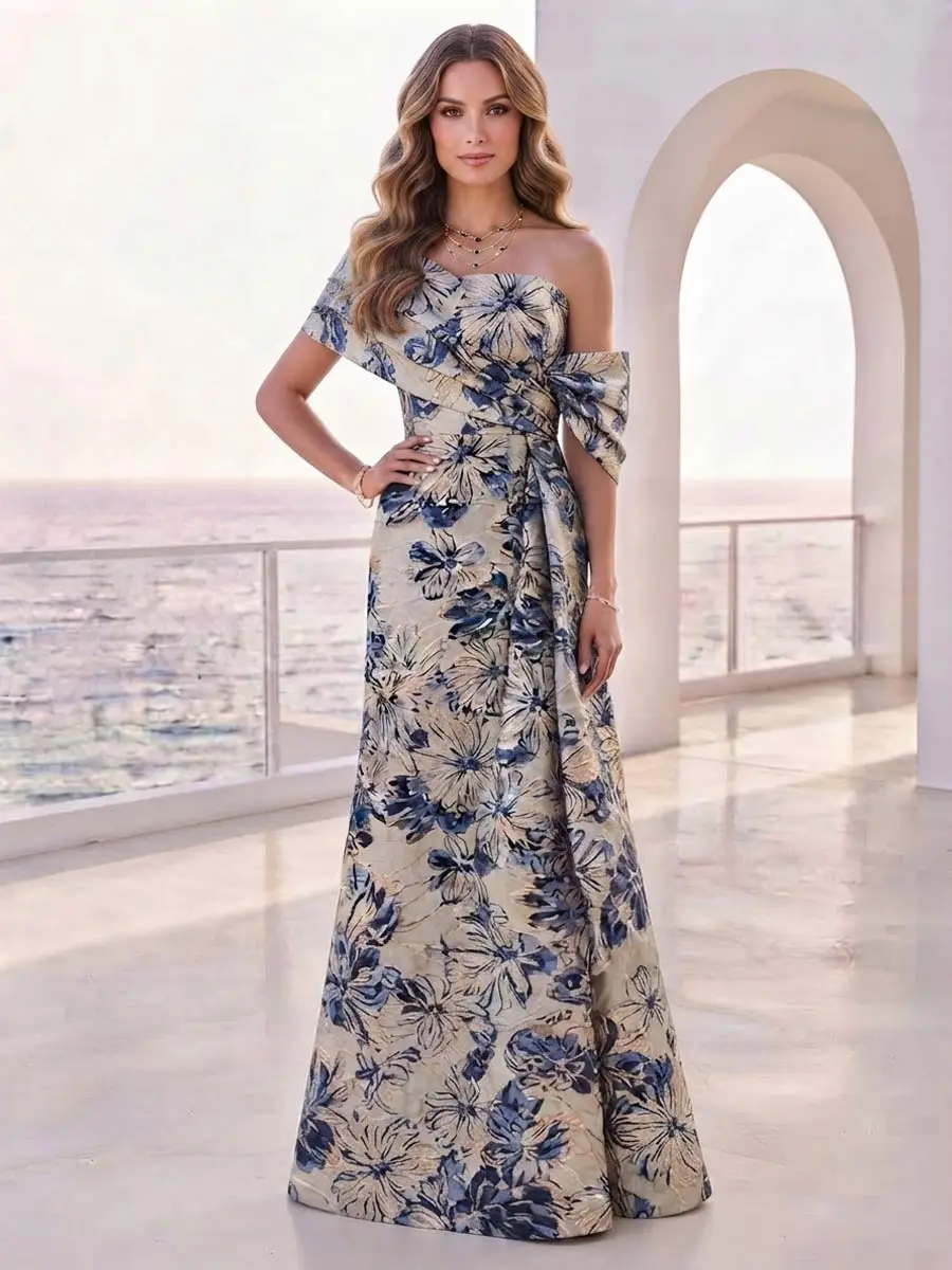 Trumpet/Mermaid Asymmetrical Off-the-Shoulder Floor-Length Mother of the Bride with Ruched — Evening Gown — view 1