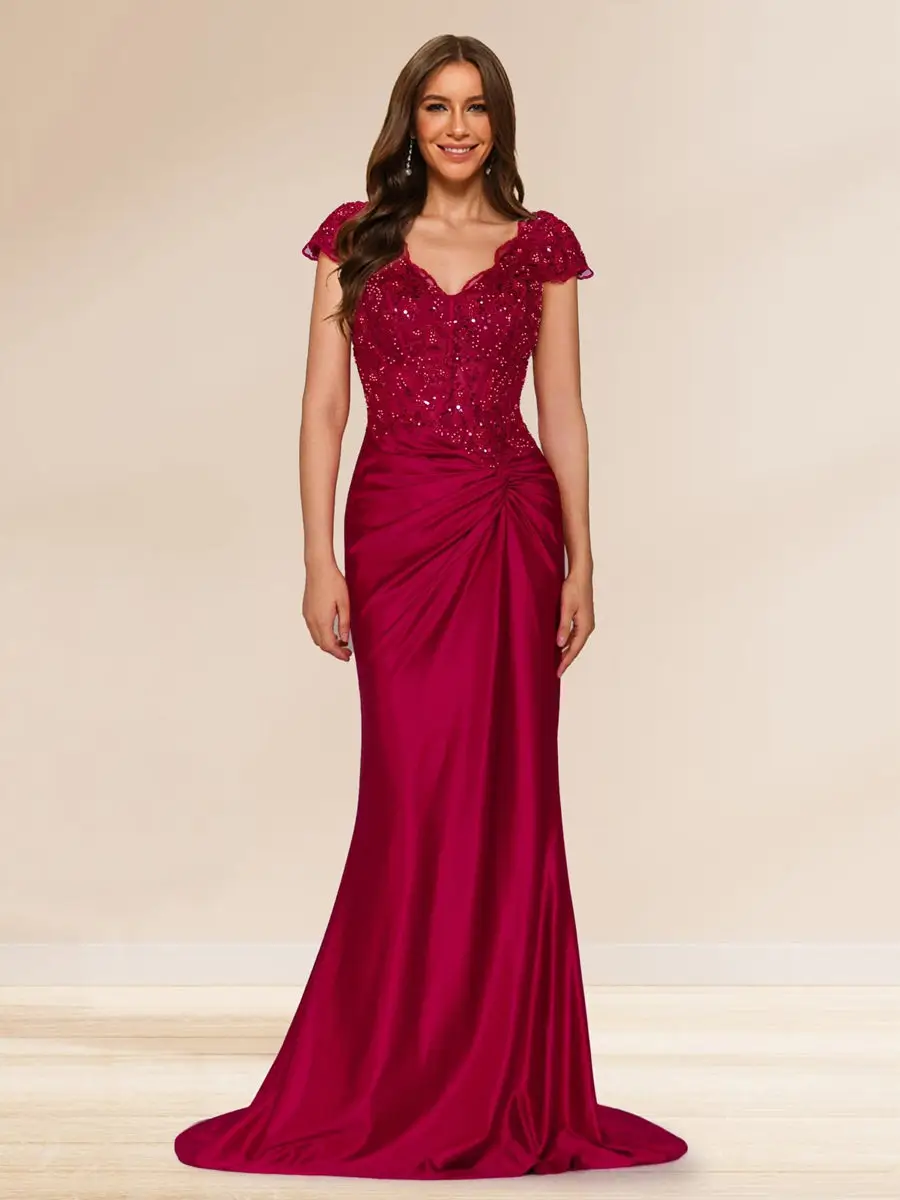 Sheath/Column V-Neck Sweep Brush Train Ruched Evening Dresses with Sequin Appliques — view 1