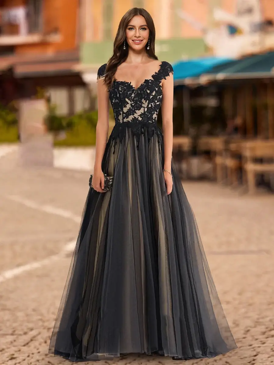 Ball Gown V-Neck Sleeveless Applique Prom Dresses — view 1