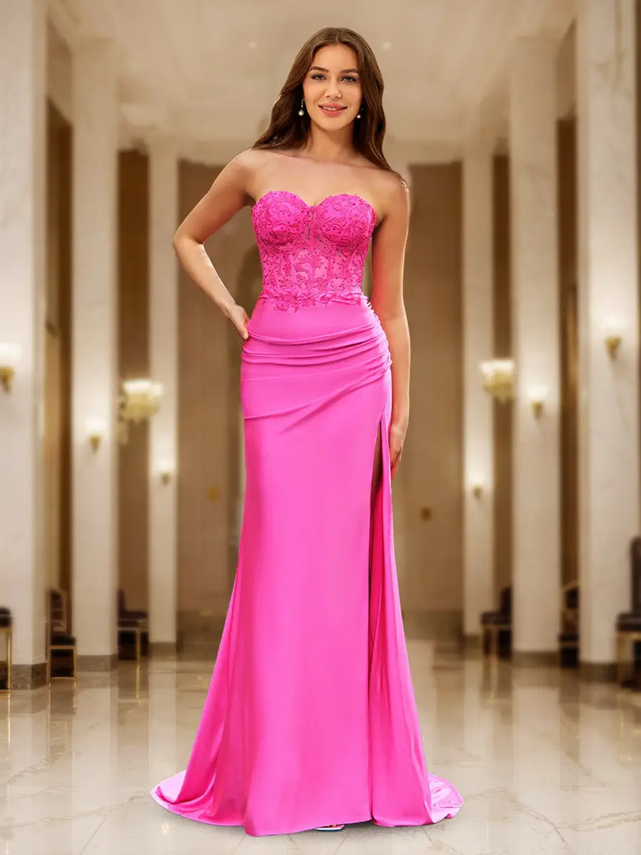 Trumpet/Mermaid Sweetheart Sheer Corset Fitted Party Dresses Long Prom Dresses with Appliques — view 1