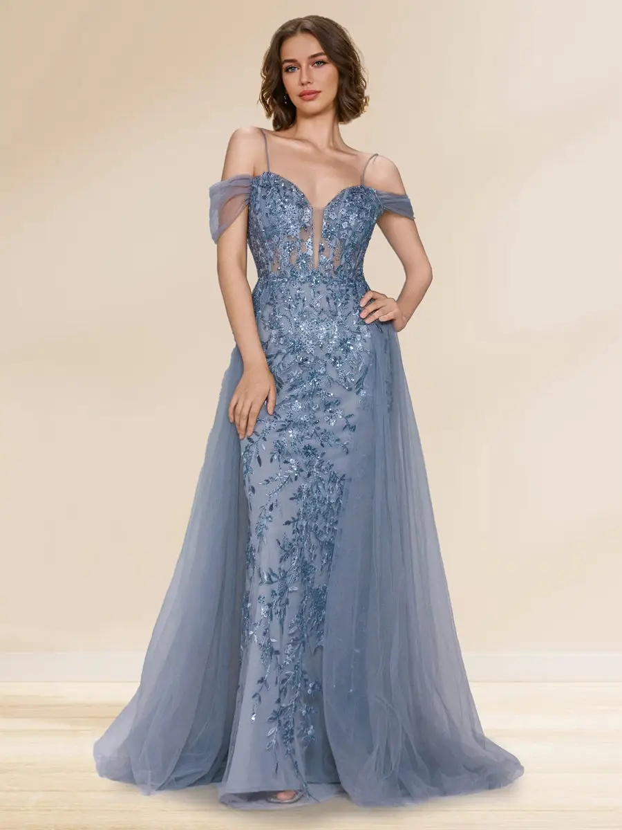 Sheath/Column Off-the-Shoulder Spaghetti Straps Maxi Tulle Evening Dresses with Sequin Appliques — view 1