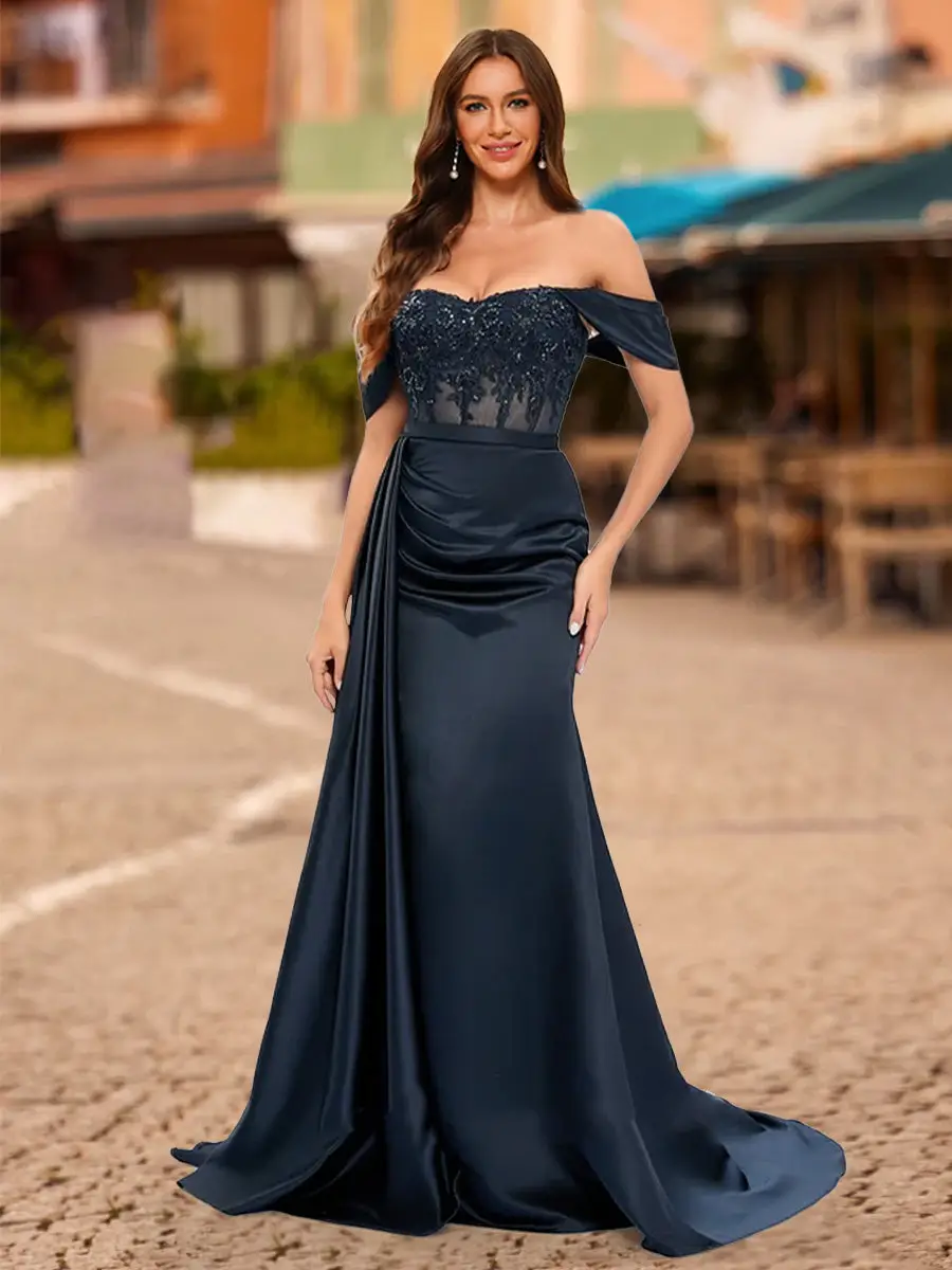 Trumpet/Mermaid Off-the-Shoulder Short Sleeves Sequins Prom Dresses — view 1