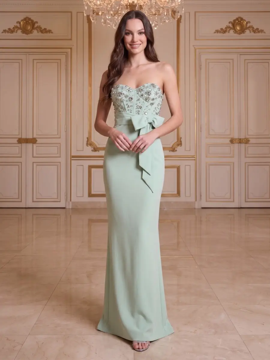 Sheath/Column Sweetheart Strapless Sleeveless Floor-Length Evening Dresses with Bowknot & Beading — view 1