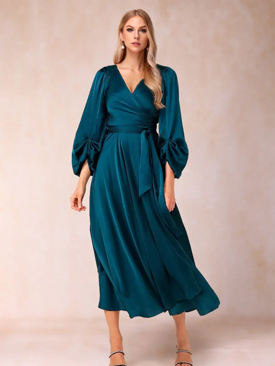 A-Line/Princess V-Neck 3/4 Sleeves Wrap Evening Dresses with Belt — view 1