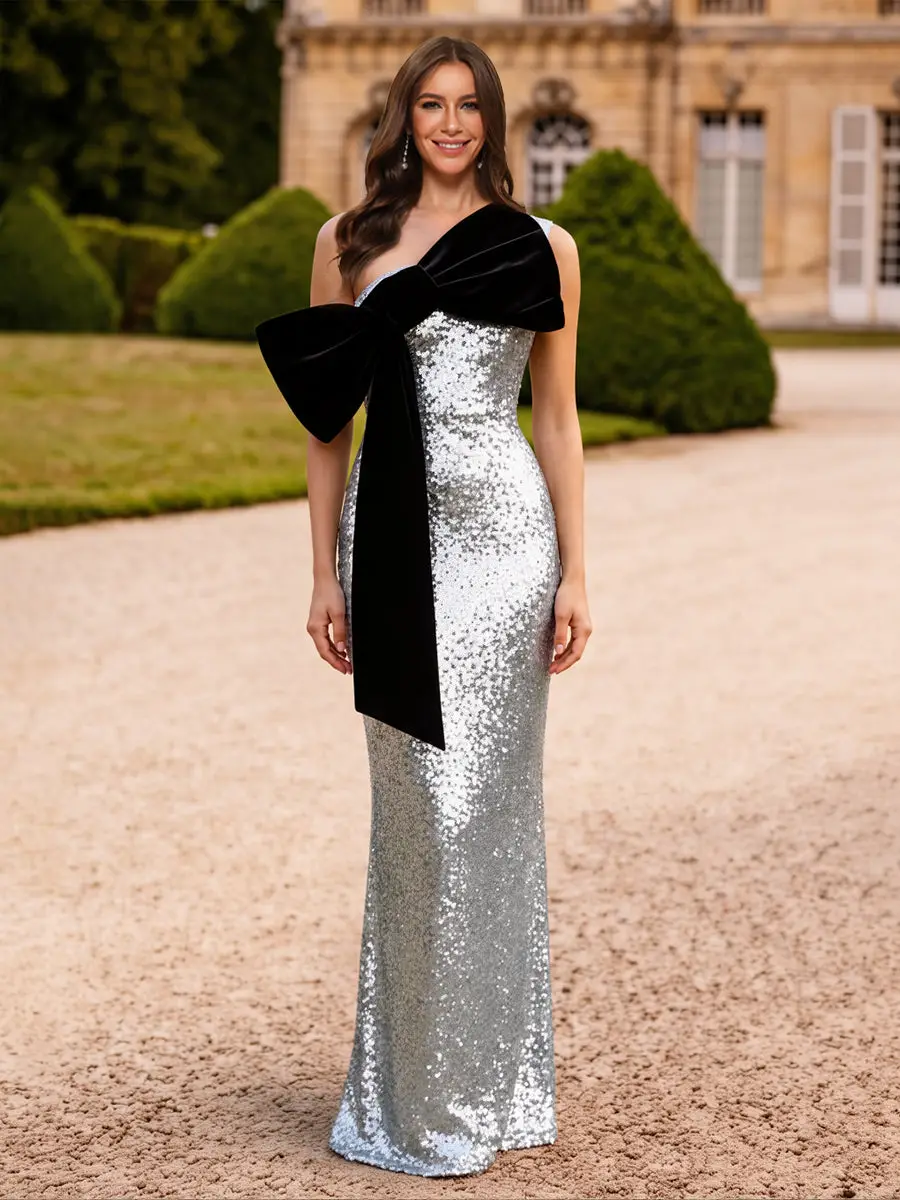 Trumpet/Mermaid Strapless Floor-Length Long Prom Dresses with Bowknot & Sequins — view 1